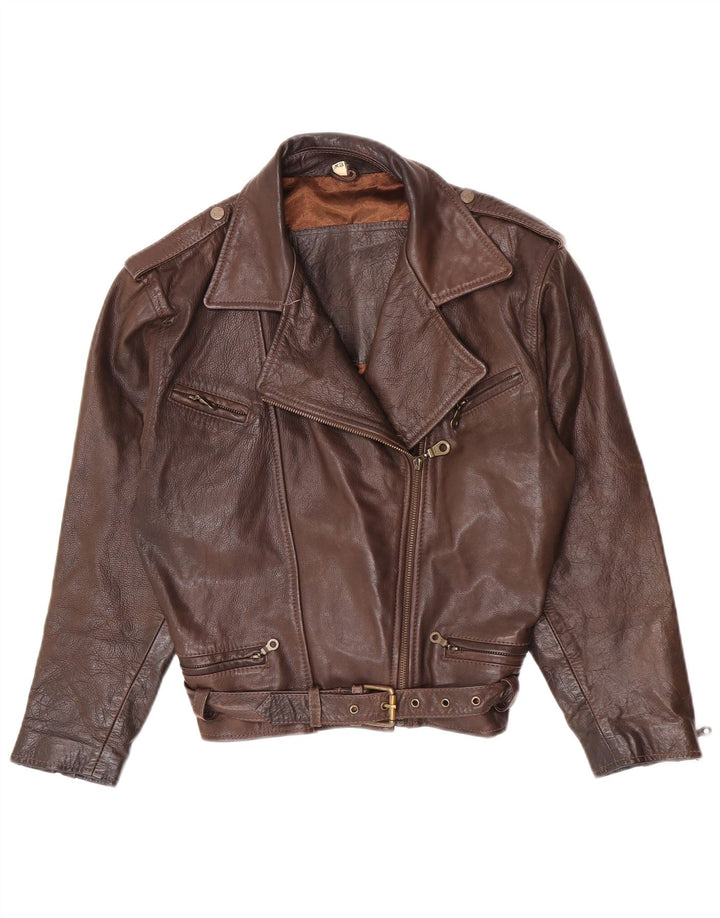 Vintage mujer chaqueta biker de cuero de gran tamaño Reino Unido 6 XS cuero marrón