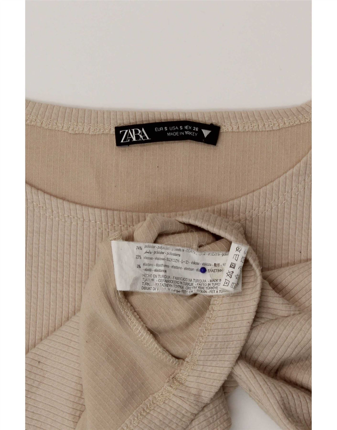 Zara Mujer Crop Top Manga Larga UK 8 Small Beige Poliéster