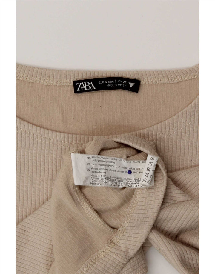 Zara Mujer Crop Top Manga Larga UK 8 Small Beige Poliéster
