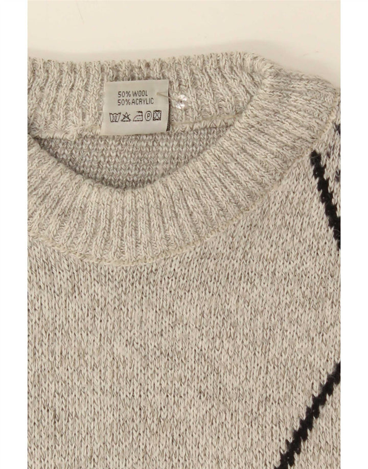 Vintage hombres cuello redondo jersey suéter grande gris lana geométrica