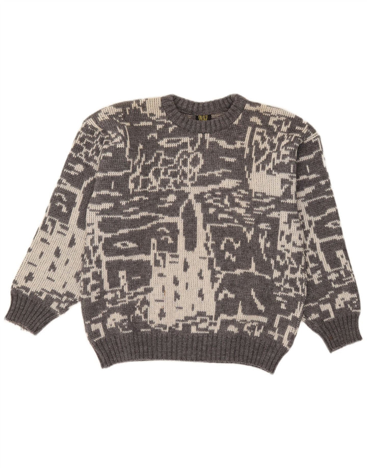 Vintage hombres patrón abstracto cuello redondo jersey suéter pequeño gris