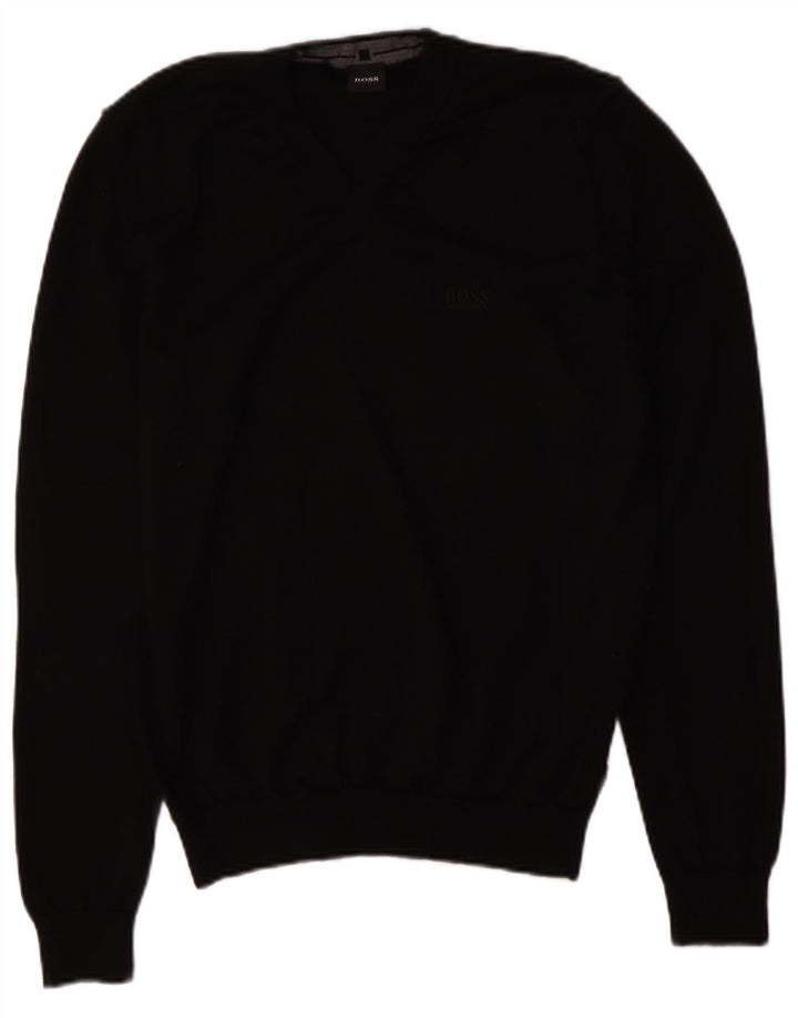 Hugo Boss Jersey con cuello en V para hombre, suéter pequeño de lana negra