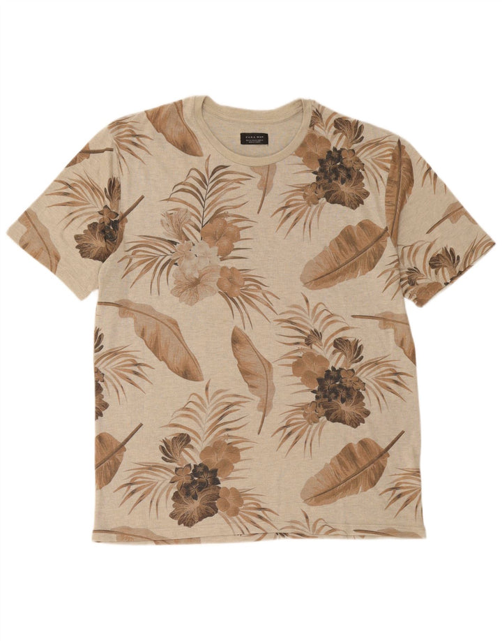 Zara Hombre Camiseta Gráfica Top XL Poliéster Floral Beige
