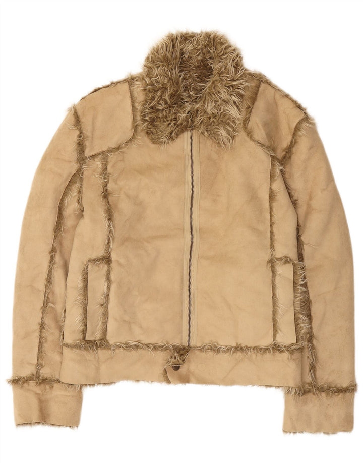 Zara Mujer Sherpa Chaqueta UK 46 Grande Acrílico Beige