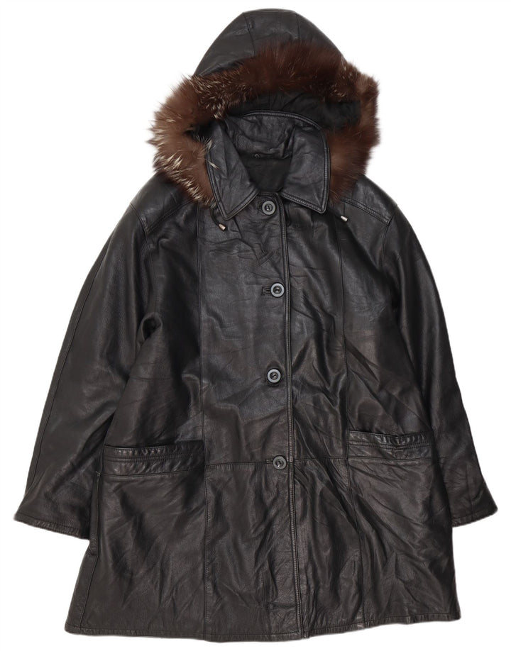 VINTAGE Abrigo de cuero con capucha de gran tamaño para mujer IT 48 XL Cuero negro