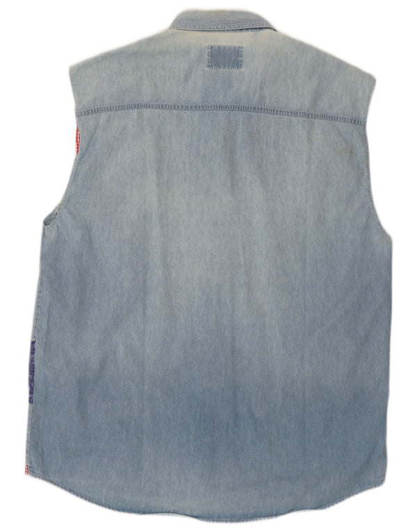 Camisa vaquera sin mangas para hombre Wampum Patchwork azul grande