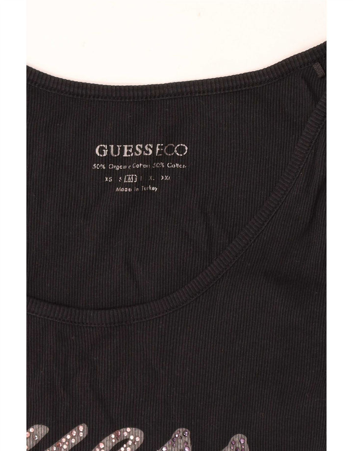 Guess Top sin mangas gráfico para mujer UK 12 Medium Black Cotton