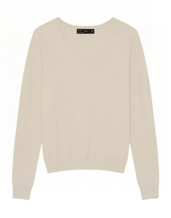 Zara - Jersey con cuello en V para mujer, talla 40, algodón blanco mediano