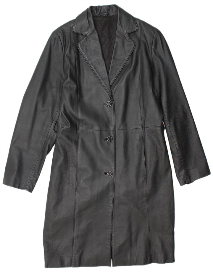 VINTAGE Abrigo de cuero para mujer Reino Unido 14 Cuero negro medio