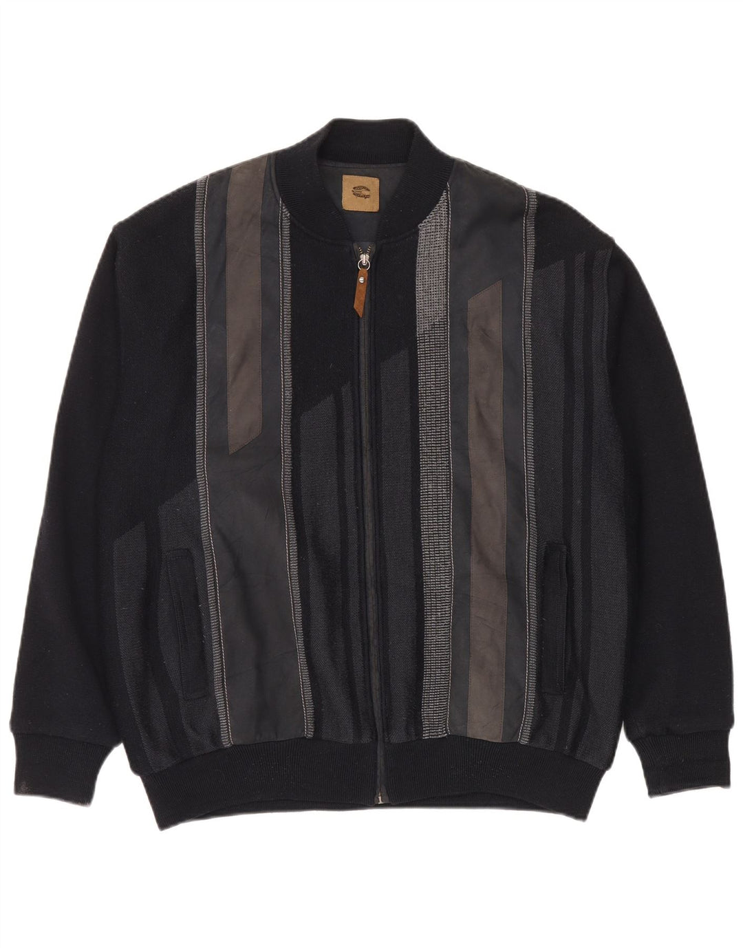 Vintage hombres punto bomber chaqueta IT 56 2XL negro colorblock lana