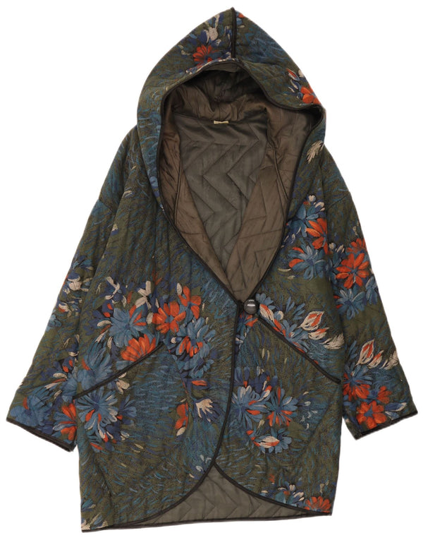Vintage mujer con capucha abrigo de gran tamaño Reino Unido 10 pequeño algodón floral verde