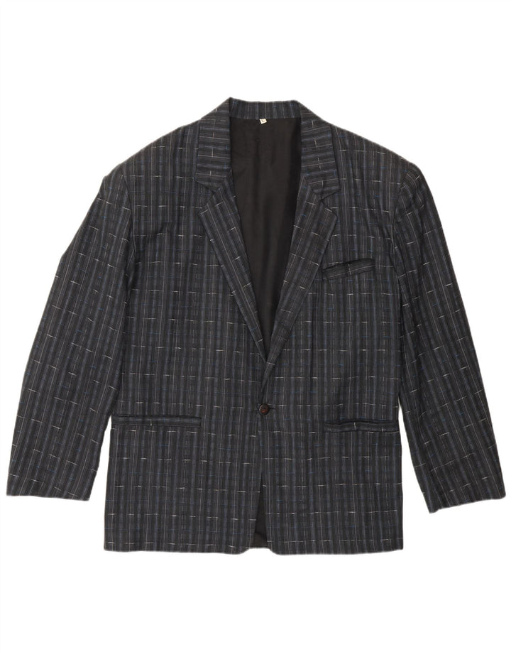 Vintage hombres 1 botón Blazer chaqueta Reino Unido 40 grande azul marino comprobar poliéster