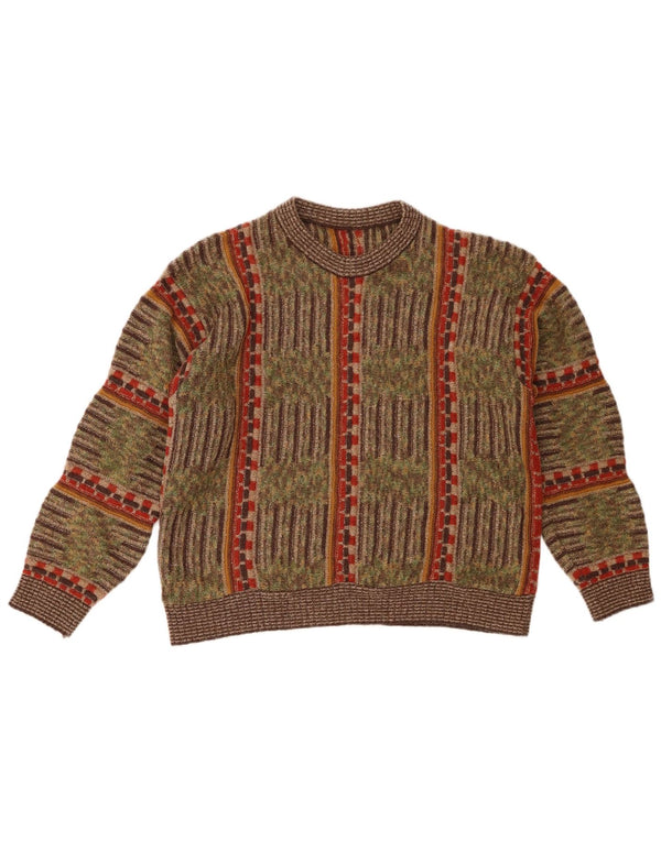 Vintage mujer cuello redondo jersey suéter Reino Unido 16 grande caqui rayas