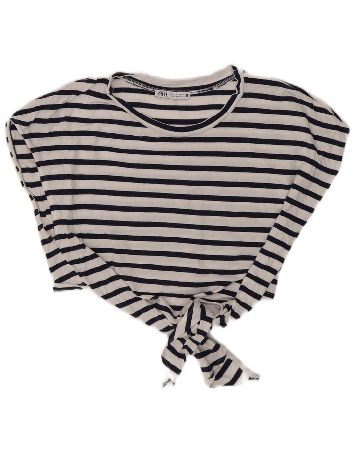 Zara Blusa Corta Con Lazo Frontal Para Mujer UK 10 Small Azul Marino A Rayas
