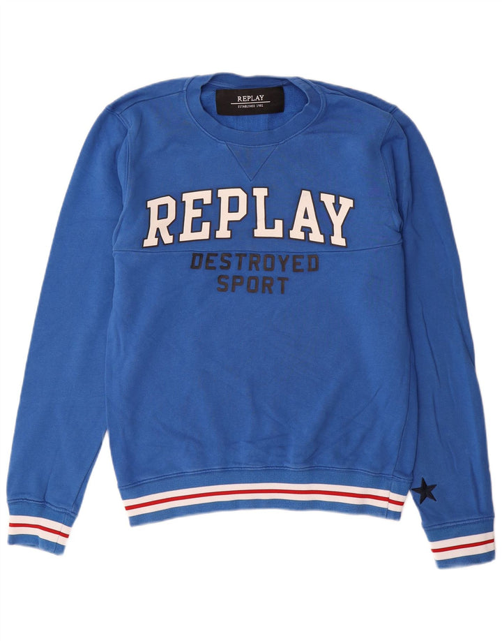 Replay Hombre Sudadera Estampada Jersey De Algodón Azul Medio