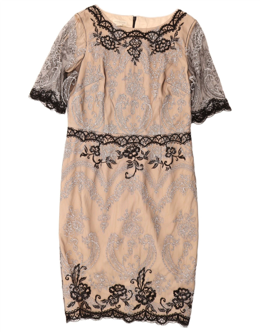 MONSOON Vestido tubo de encaje para mujer UK 44 Large Beige Paisley Nylon