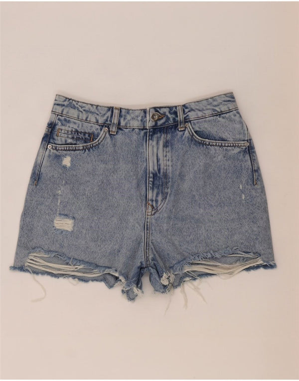 Zara Pantalones cortos de mezclilla desgastados de cintura alta para mujer EU 38 Small W28 Algodón azul