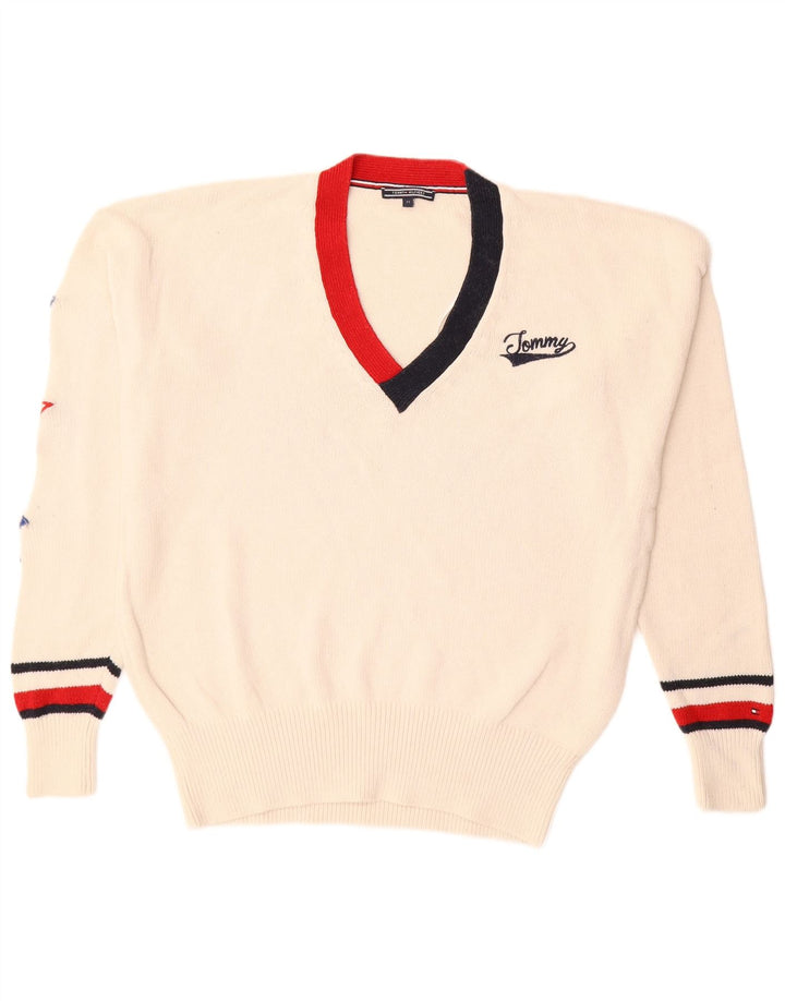 Tommy Hilfiger Jersey con Cuello en V para Hombre Suéter Medio de algodón Blanco Roto