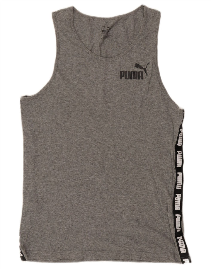 Puma Camiseta sin mangas con gráfico para hombre, talla pequeña, algodón gris con bloques de color