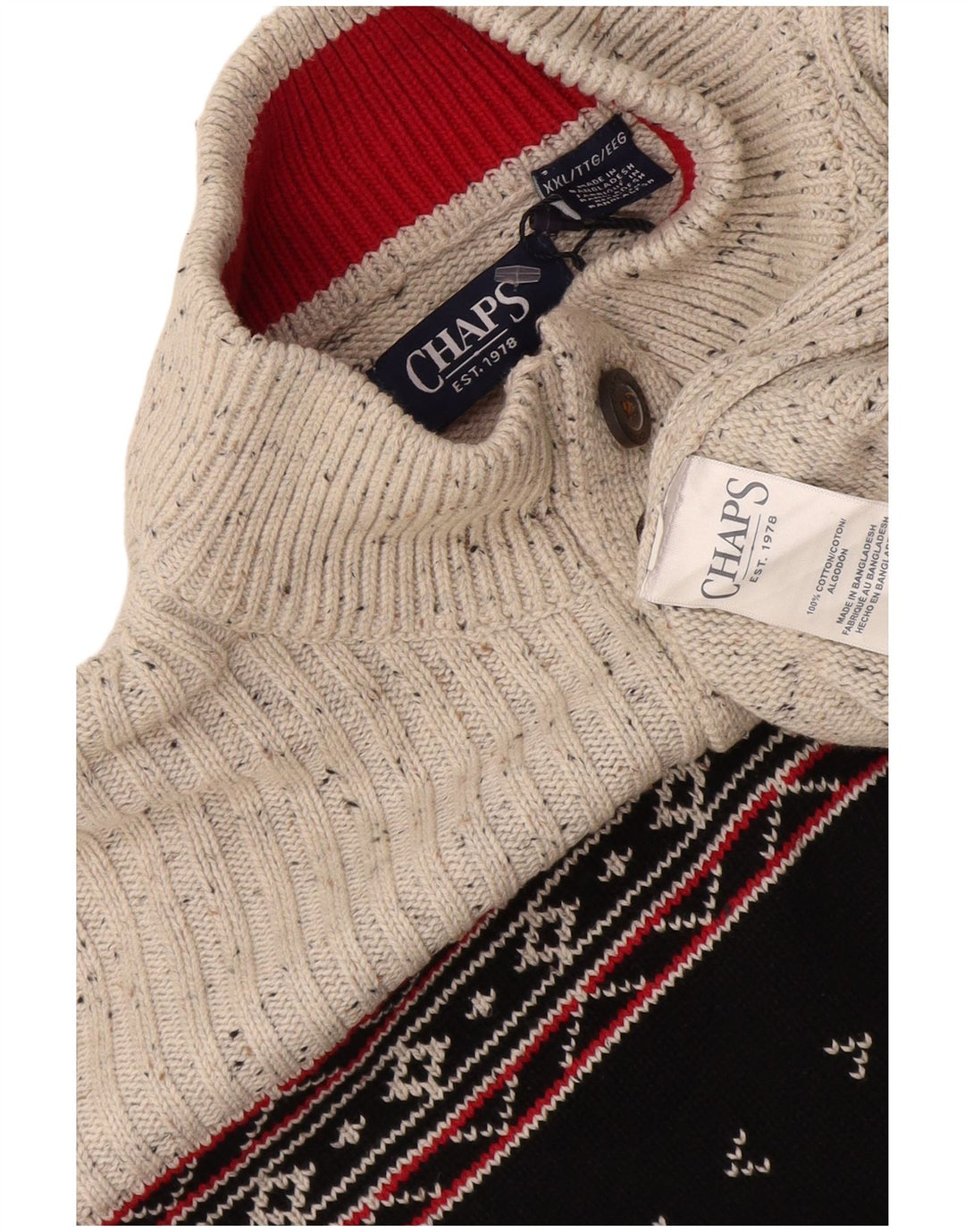 Chaps Suéter tipo jersey con cuello y botones para hombre, talla 2XL, algodón gris Fair Isle