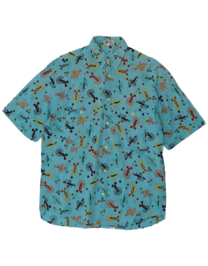 Firenze Camisa de manga corta con estampado abstracto para hombre Talla 39 15 1/2 Azul mediano