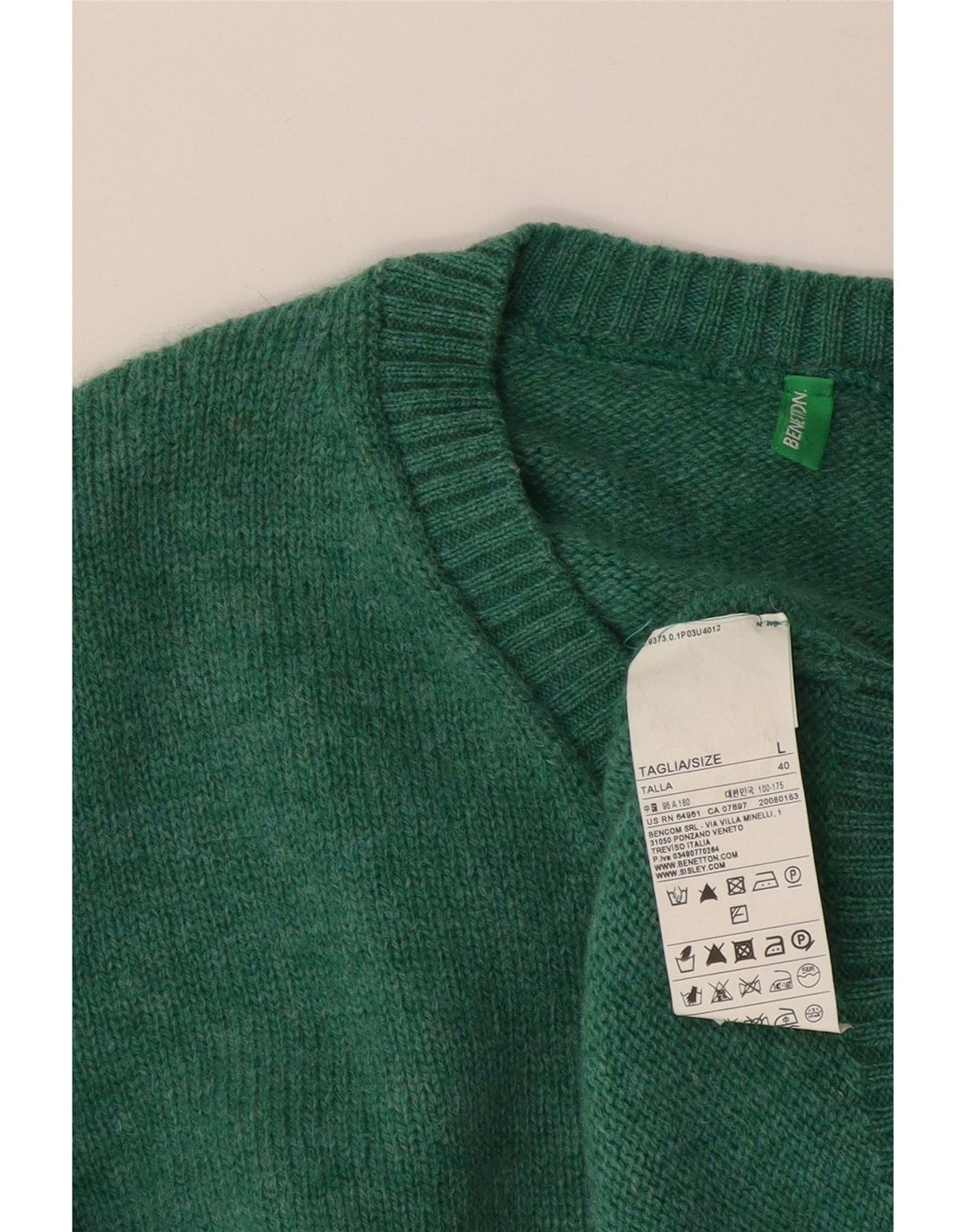 Benetton Jersey Con Cuello De Pico Large De Lana Verde Hombre