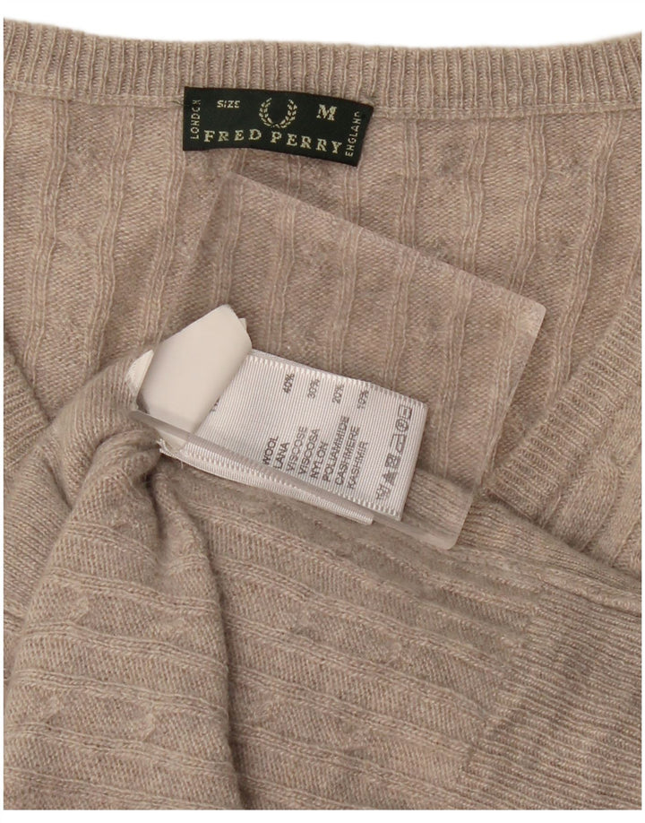 FRED PERRY Jersey con cuello en V para mujer UK 12 Lana gris medio