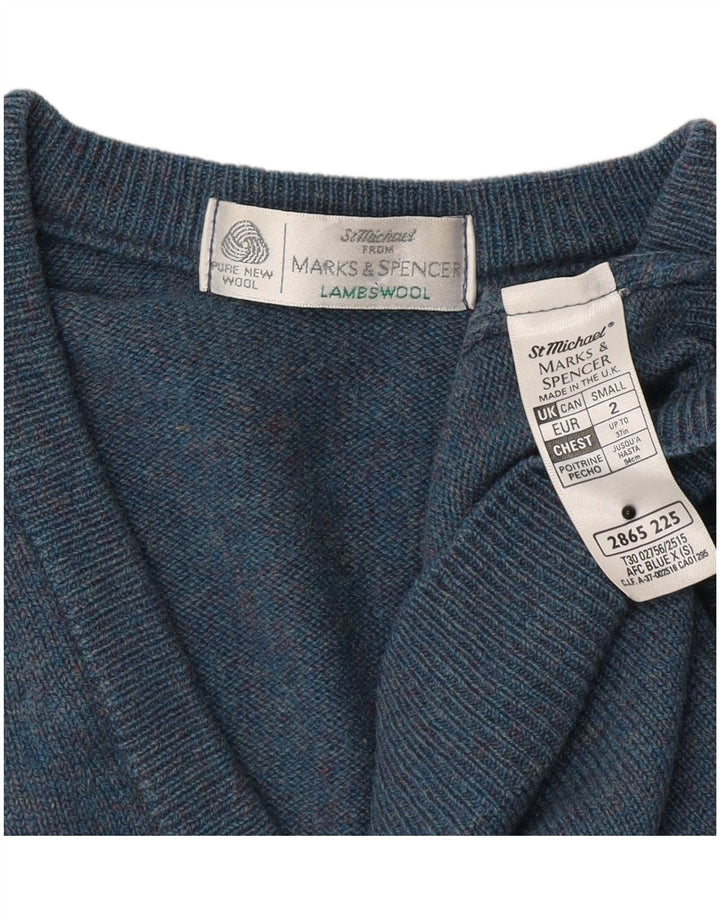 Marks & Spencer Jersey con cuello en V para hombre de lana de cordero azul pequeño