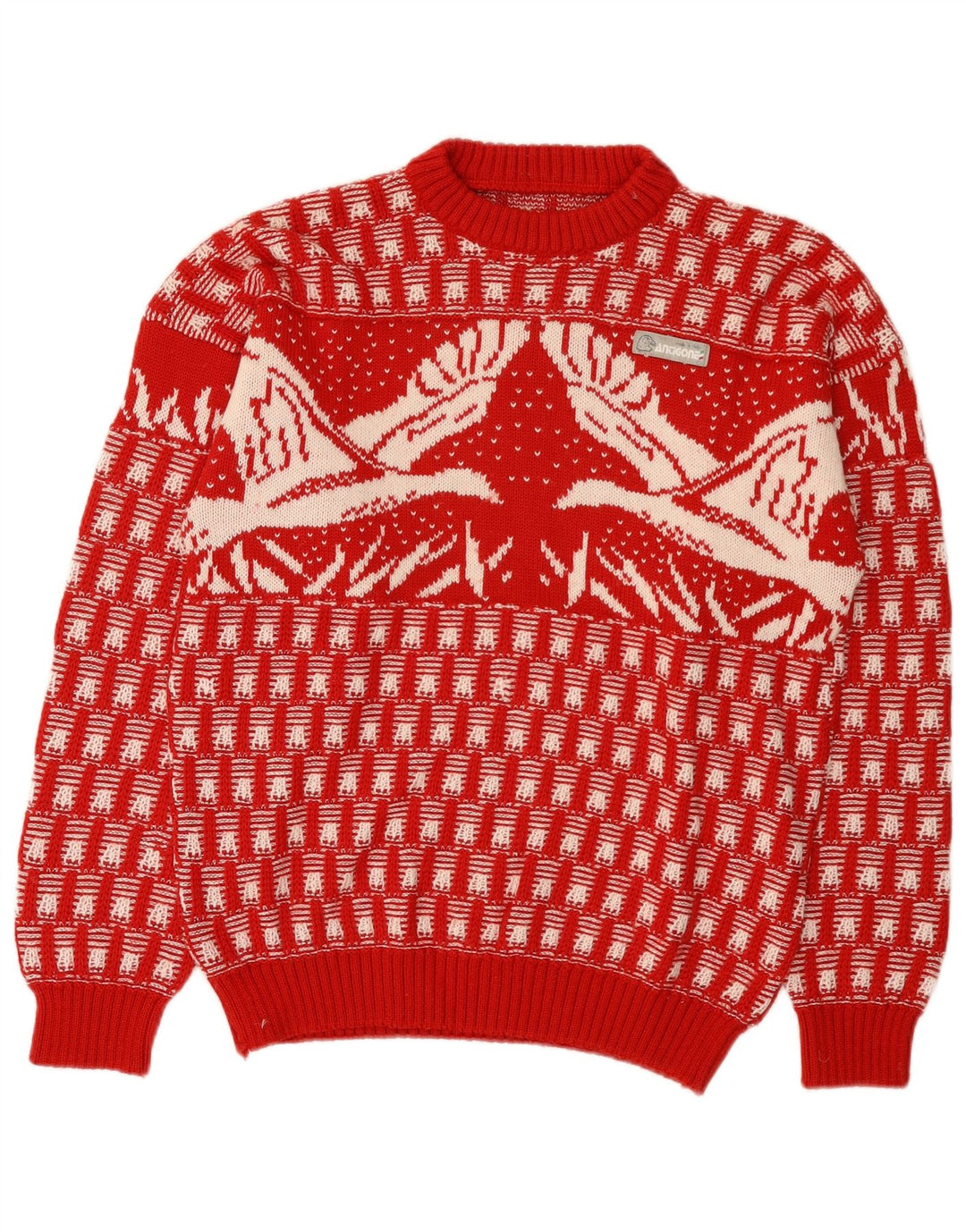 Vintage hombres cuello redondo jersey suéter medio rojo feria isla novedad