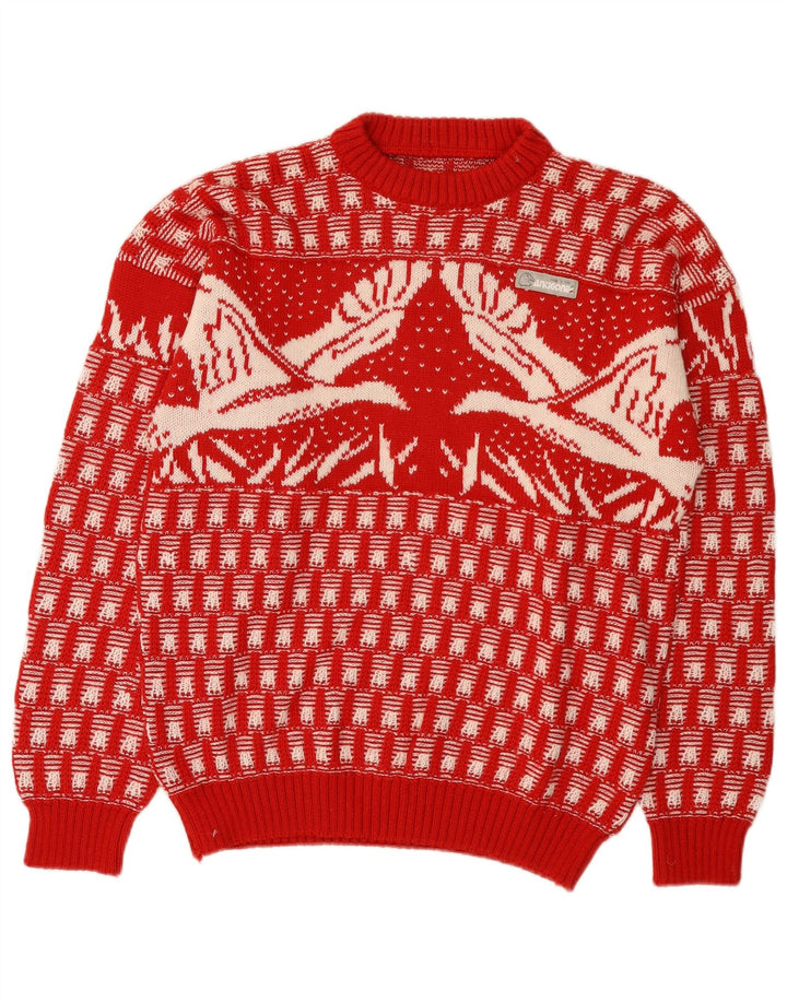 Vintage hombres cuello redondo jersey suéter medio rojo feria isla novedad