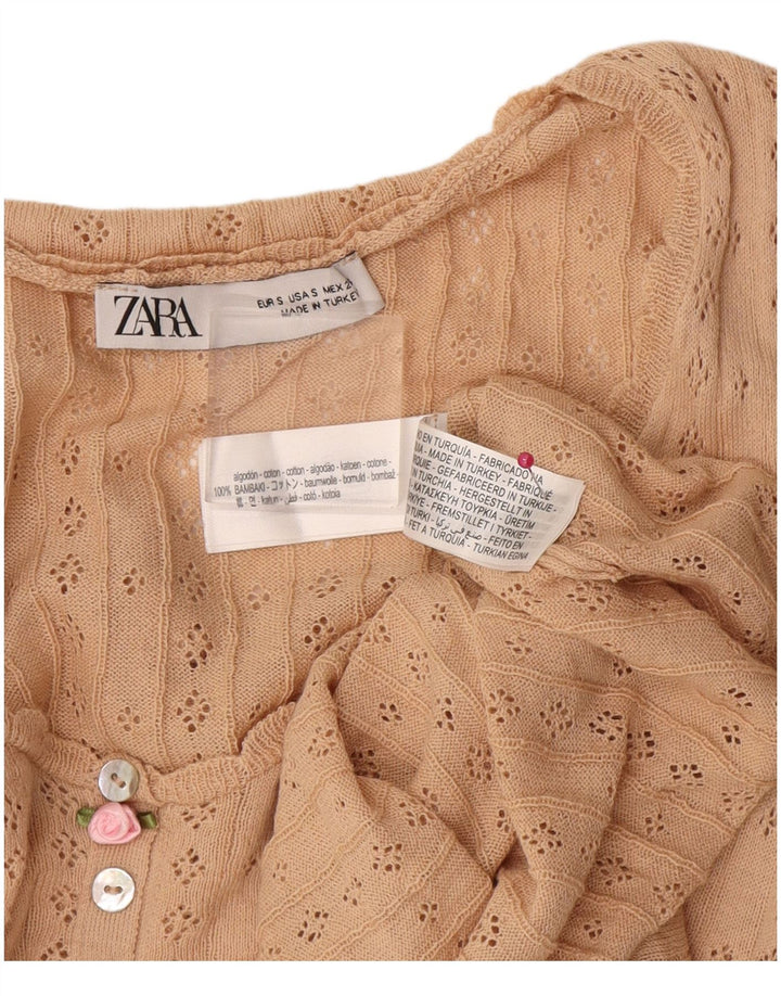 Zara Mujer Top Manga Larga UK 10 Small Algodón Beige