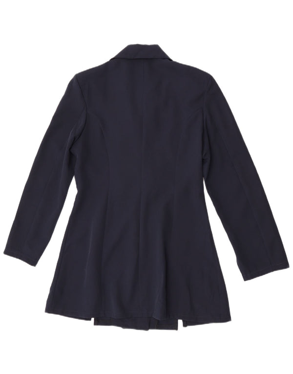 Vintage mujer doble pecho abrigo Reino Unido 14 medio azul marino poliéster