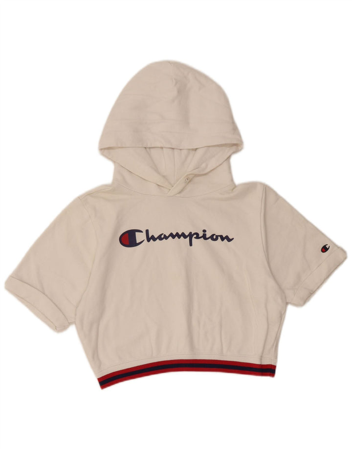 CHAMPION Jersey con capucha de manga corta con gráfico corto para mujer UK 10 Small White