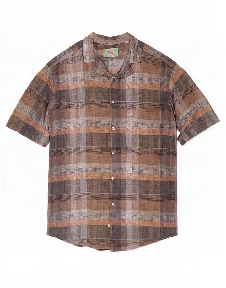 Vintage hombres camisa de manga corta grande marrón cuadros