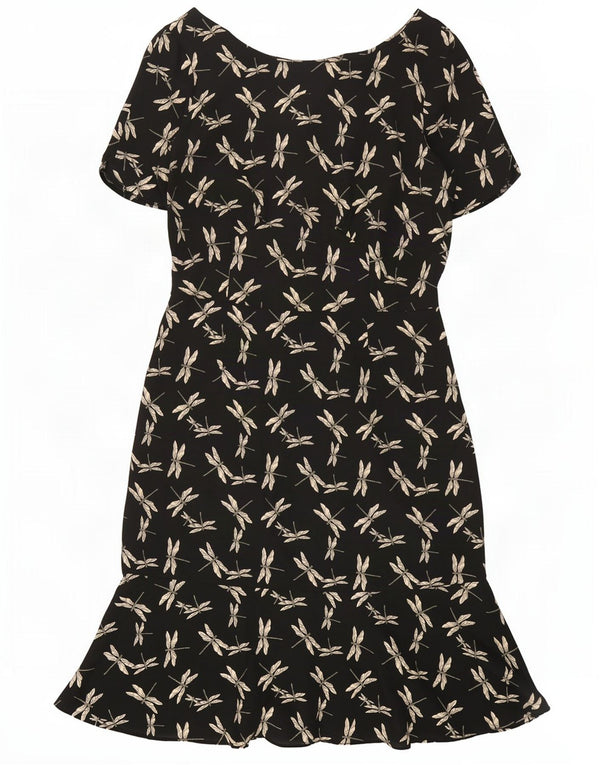 Vintage mujer patrón abstracto vestido de vaina Reino Unido 12 poliéster negro medio