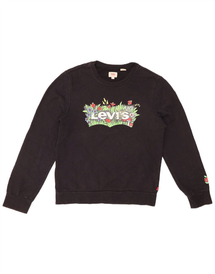 LEVI'S Sudadera gráfica para mujer Jumper UK 10 Small Black Floral Cotton