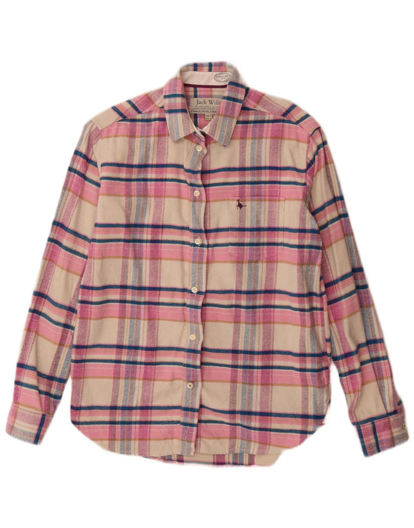 Jack Wills Camisa de franela larga para mujer UK 10 Small Pink Plaid Cotton