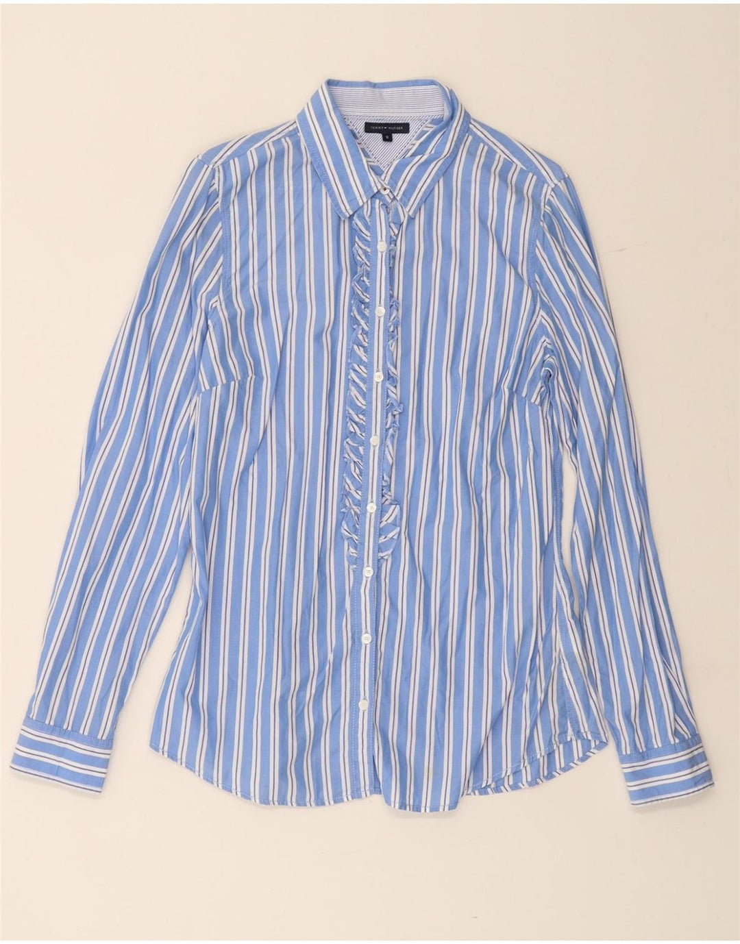 TOMMY HILFIGER Camisa delantera con volantes para mujer US 10 Algodón a rayas azules grandes