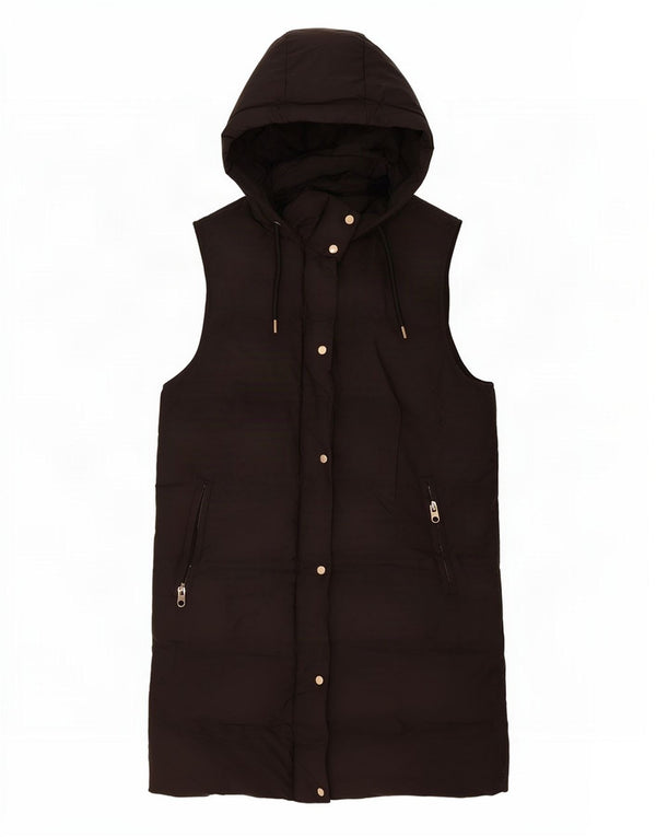 Zara Mujer Chaleco Largo Acolchado Con Capucha UK 40 Mediano Negro Poliéster