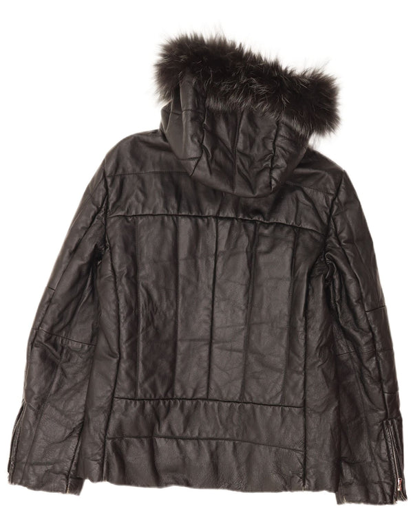 Chaqueta de cuero con capucha vintage para mujer IT 48 XL cuero negro