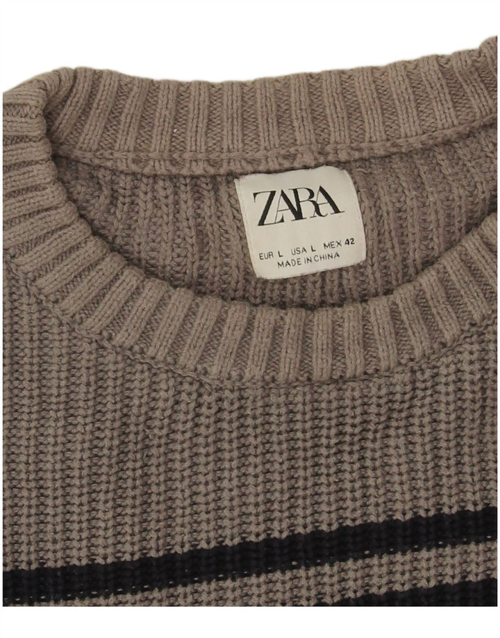 Zara Hombre Jersey Cuello Redondo Jersey Grande Gris Rayas