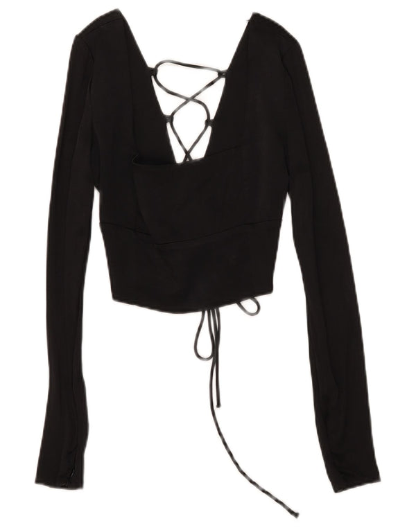 Zara Blusa Corta De Manga Larga Para Mujer Top UK 6 XS Viscosa Negra
