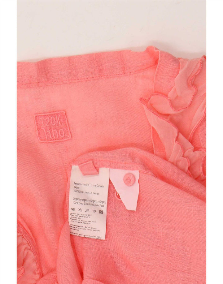 120% Lino Blusa de manga larga con volantes en la parte delantera para mujer IT 46 Lino rosa grande