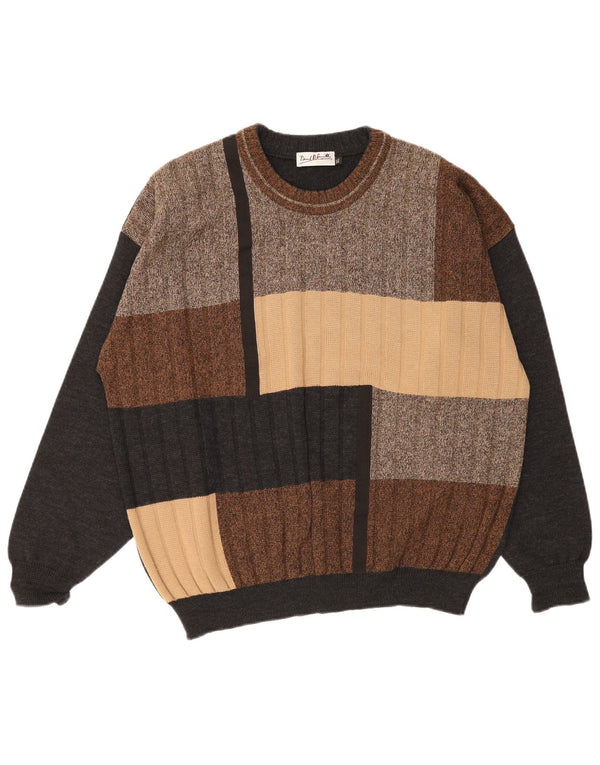 Vintage hombres cuello redondo jersey suéter XL multicolor colorblock lana