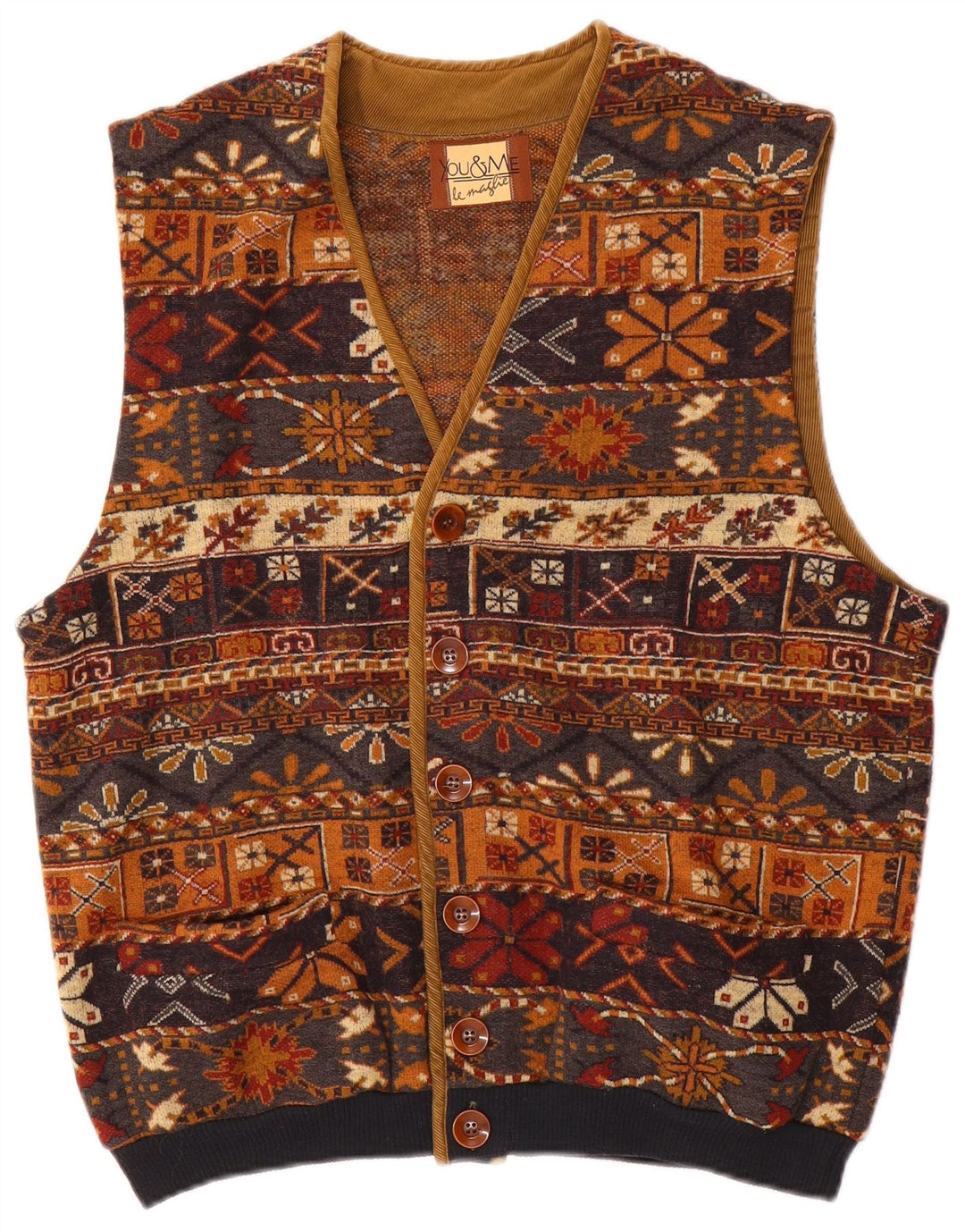 Vintage Hombres Gilet Reino Unido 38 Marrón Medio Fair Isle Lana