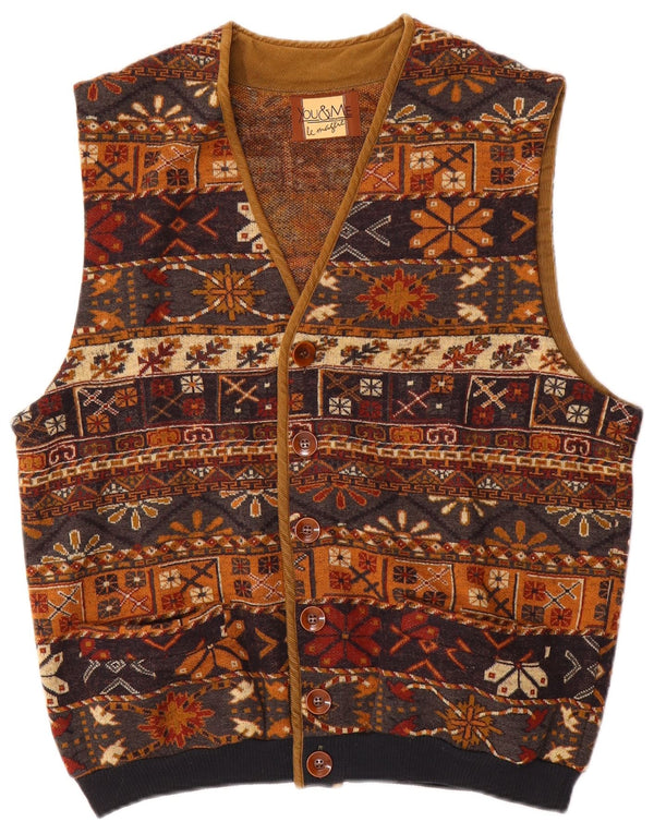 Vintage Hombres Gilet Reino Unido 38 Marrón Medio Fair Isle Lana