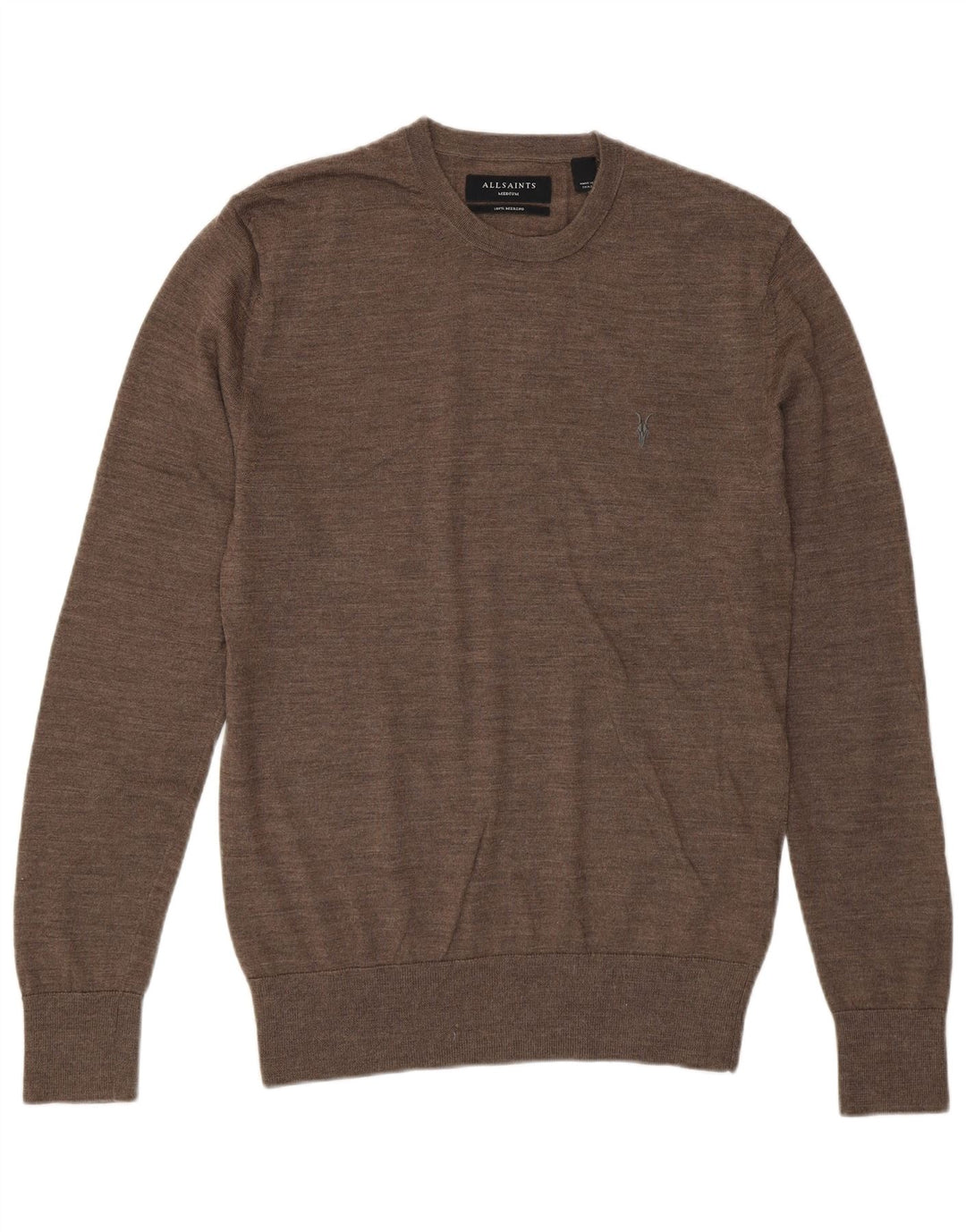 All Saints Jersey de cuello redondo para hombre de lana merino marrón medio