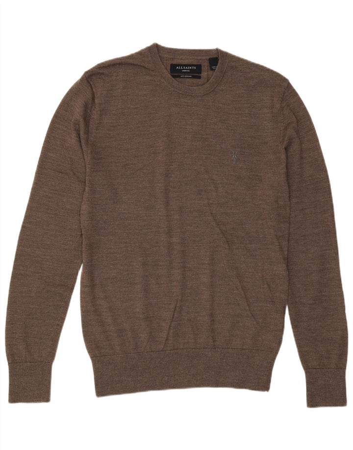 All Saints Jersey de cuello redondo para hombre de lana merino marrón medio