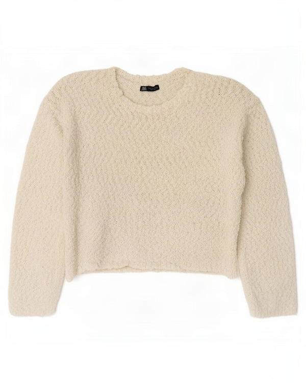 Zara Mujer Suéter De Cuello Redondo De Gran Tamaño UK 10 Pequeño Poliéster Blanco
