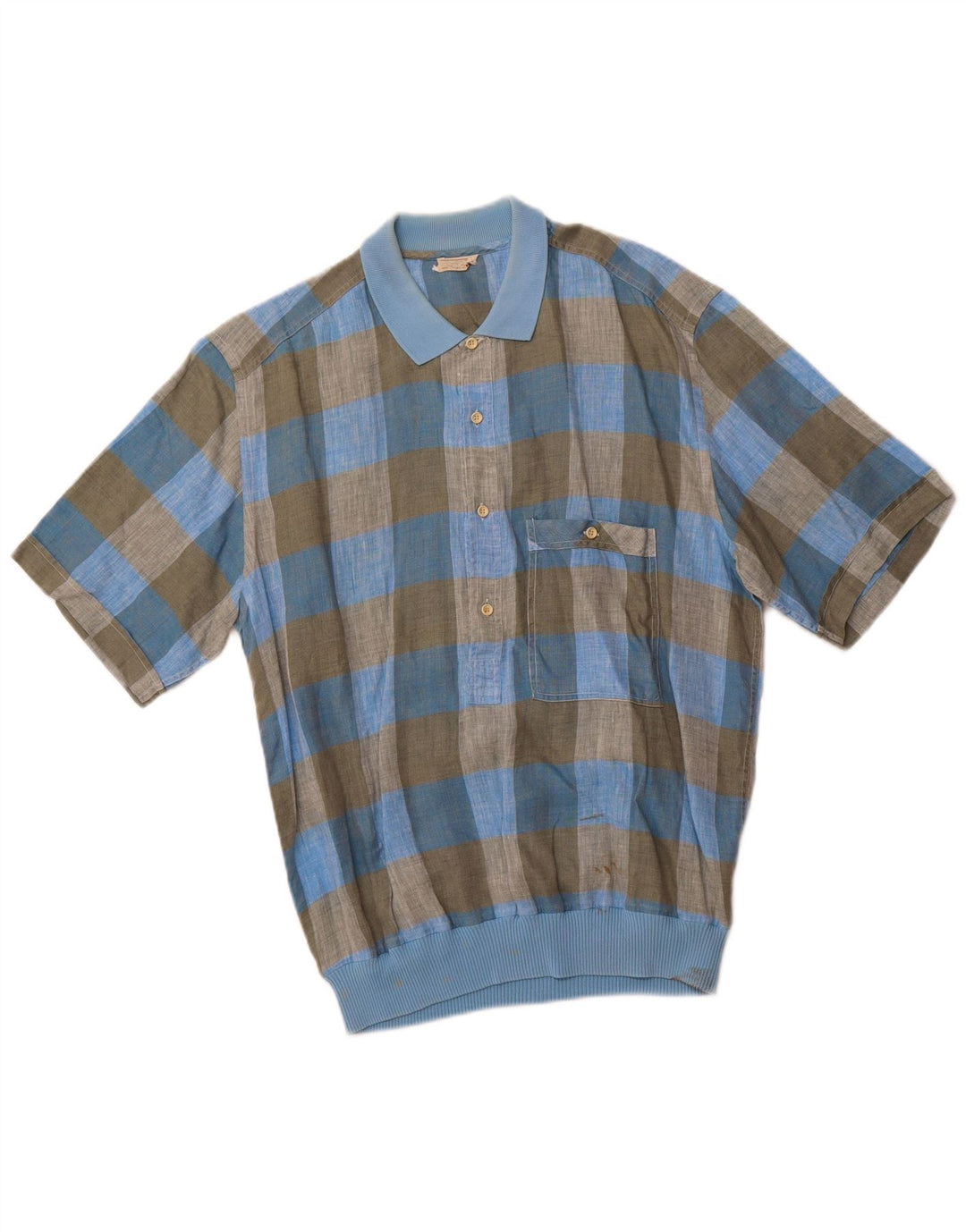 VINTAGE Camisa pullover de manga corta para hombre IT 48 Lino a cuadros azul medio